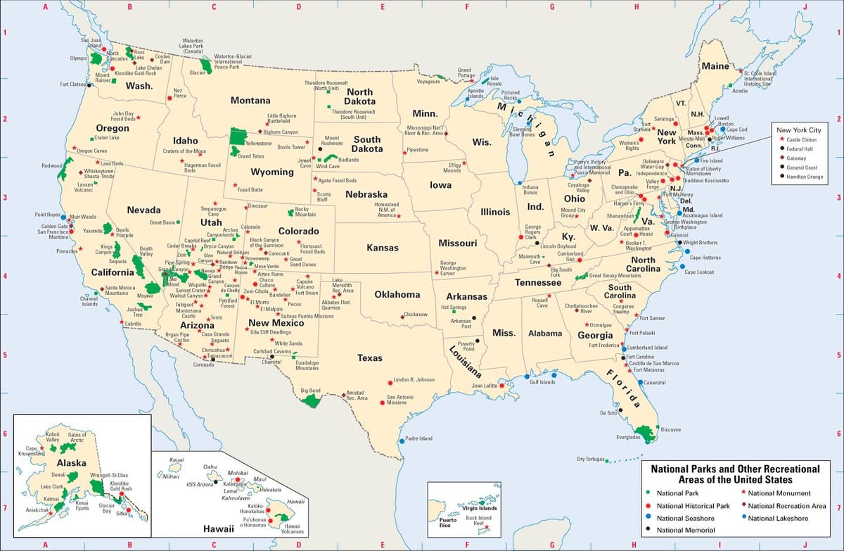 ouest de la carte des états-unis avec les parcs nationaux