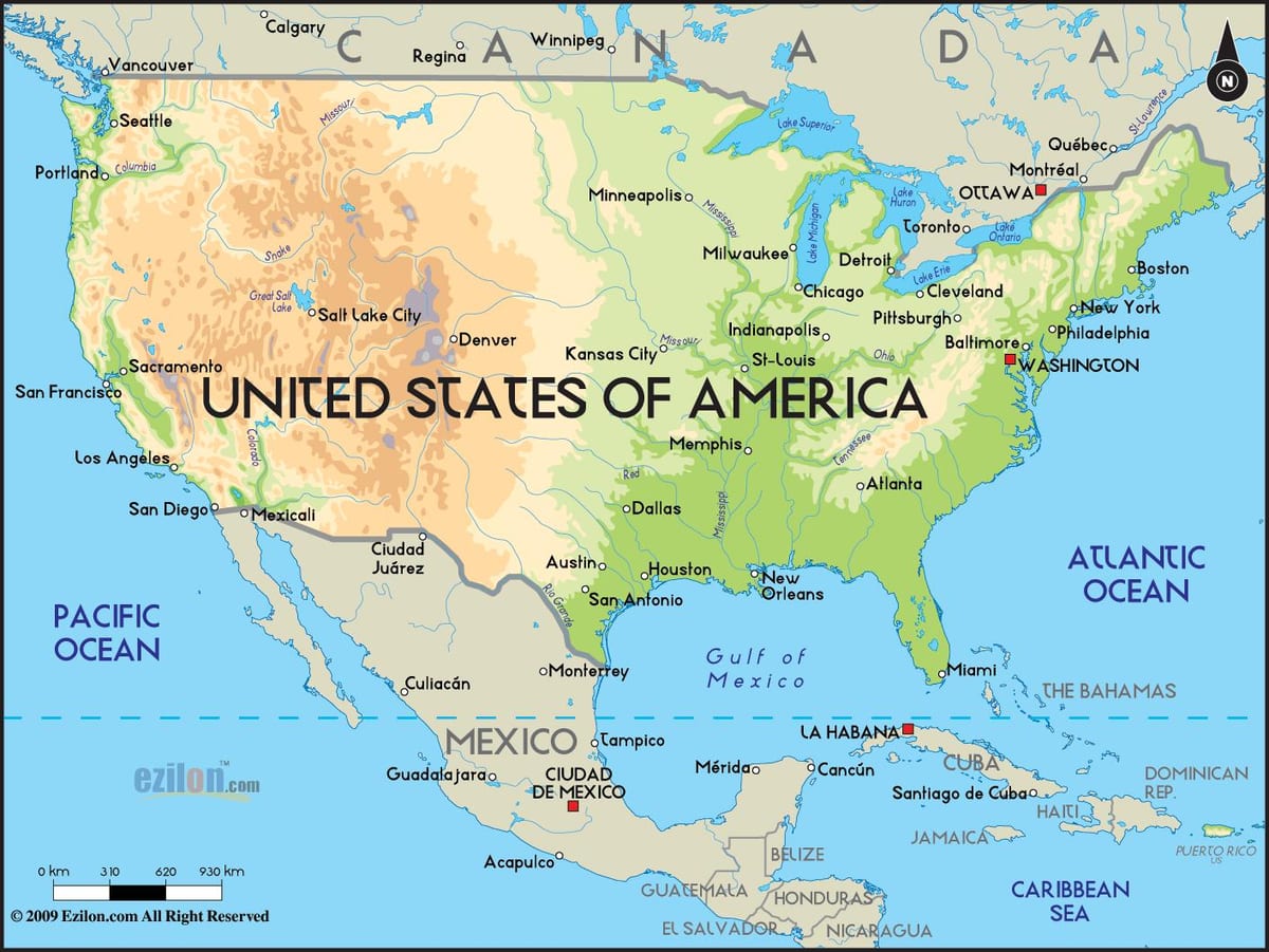 carte des états-unis avec des océans