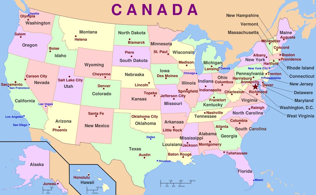 carte des USA avec les capitales