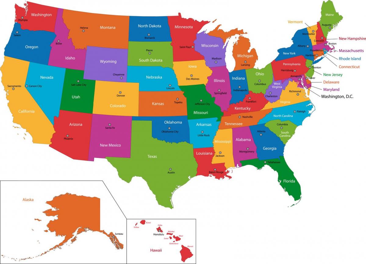carte des états-unis avec les États et capitales