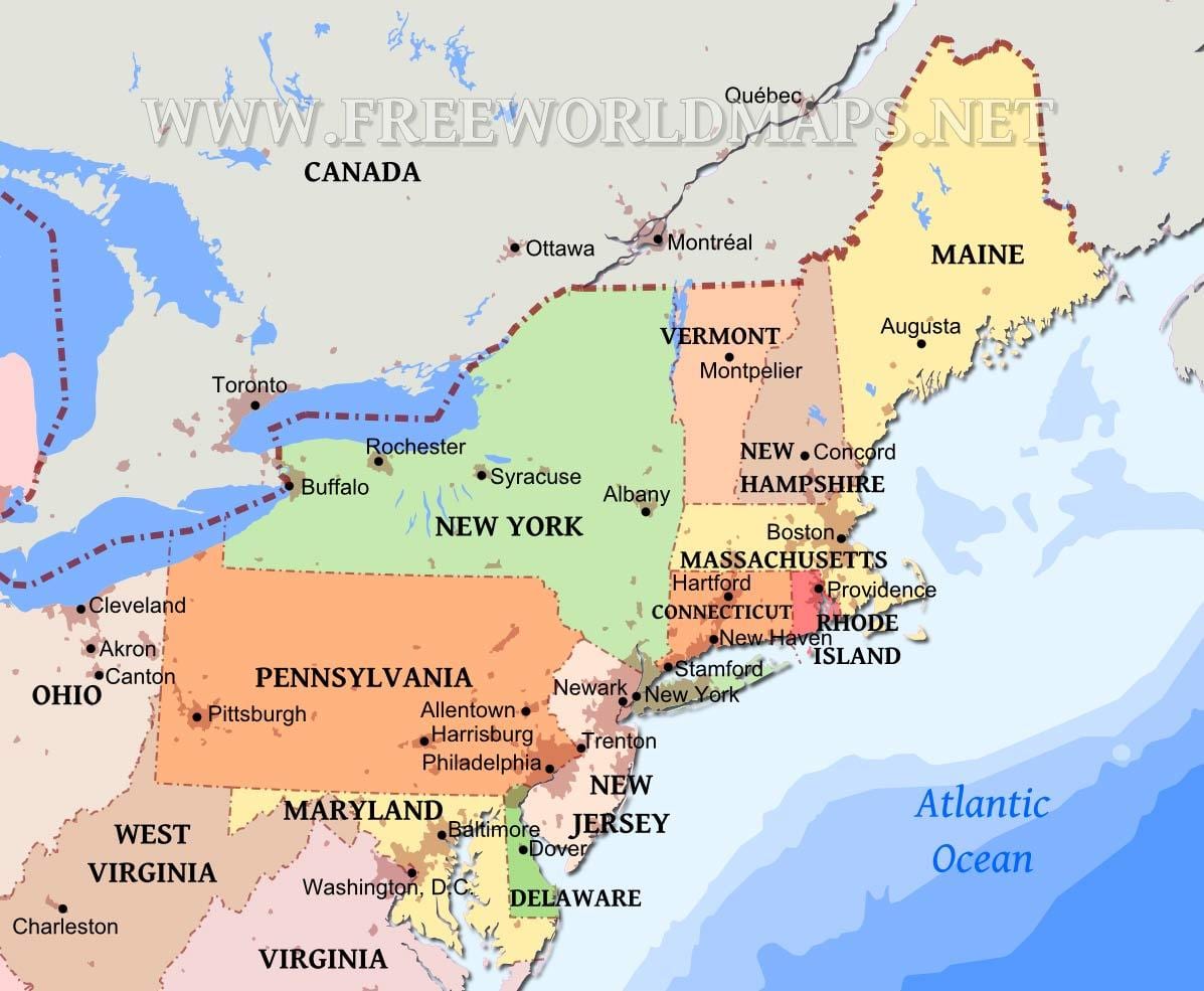 carte du nord-est des États-unis avec des villes
