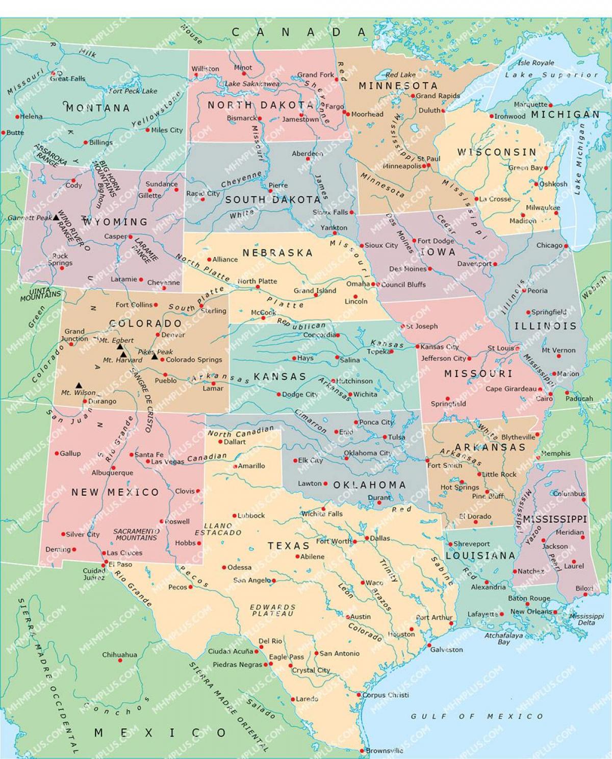 carte de la centrale des états-unis