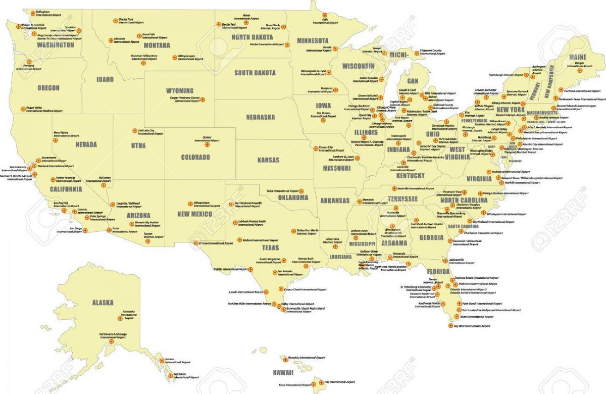 carte des principaux aéroports des états-unis