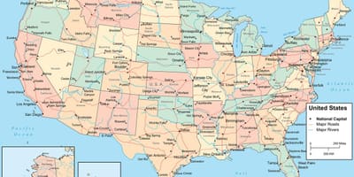 Carte des états-unis avec les États et les villes